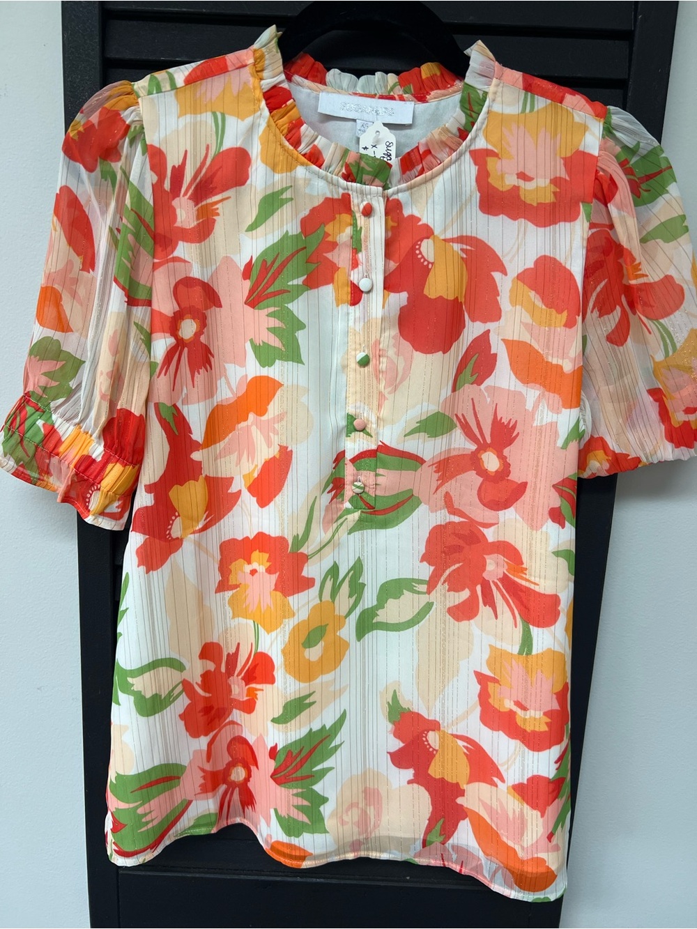 Sugarlips Floral Puff-Sleeve Blouse in Red, Orange, Green